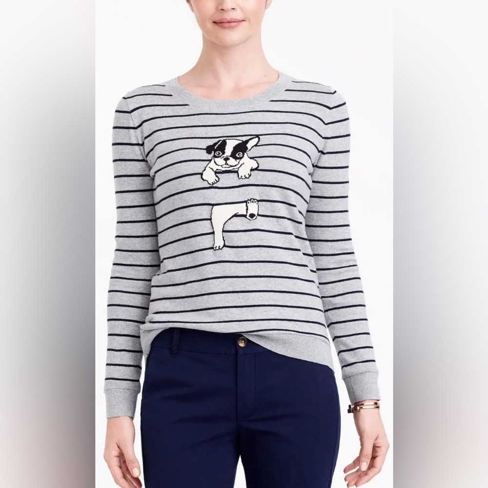 J. Crew French Bulldog Striped Teddie Sweater Size Medium